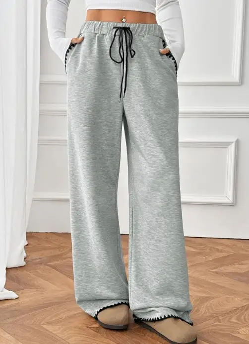 

Autumn 2025 Color Blocking Splicing Lace Up Casual Straight Leg Pants for Women, Fashionable Slim Fit High Waisted Lace Up Pants