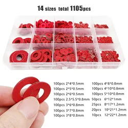 415/1085pcs M2 M2.5 M3 M4 M5 M6 M8 M10 M12 Red Steel Paper Flat Washer Plain Spacer Insulation Gasket Ring Mix Size Kit Set Box