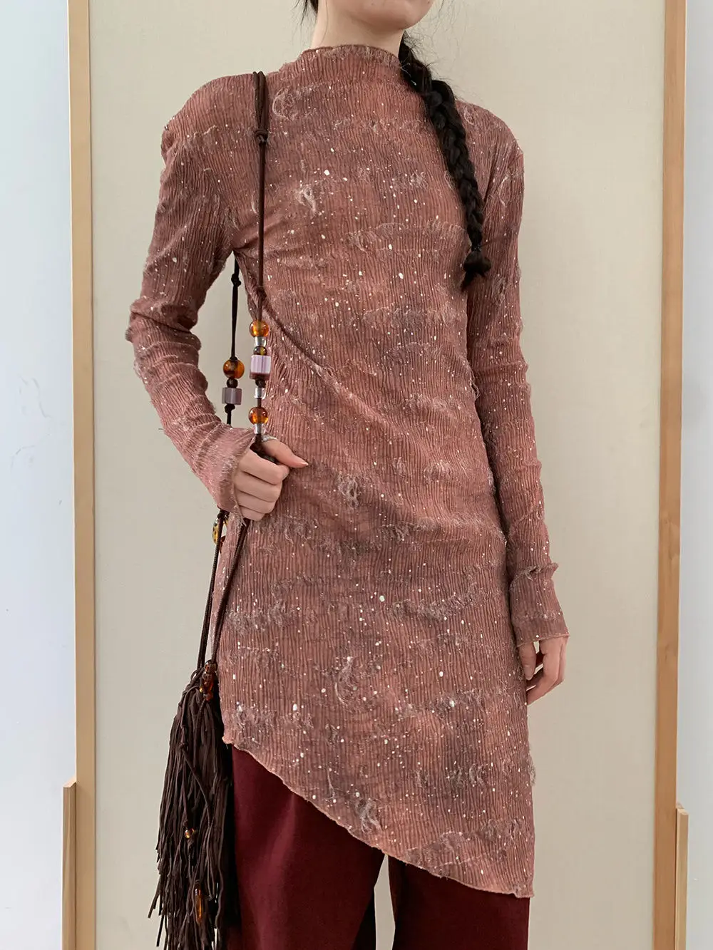 

2025 Spring and Autumn Orange Slim Fit Long Sleeved Dress Looks Slimmer Blurred and Pleated Skirt