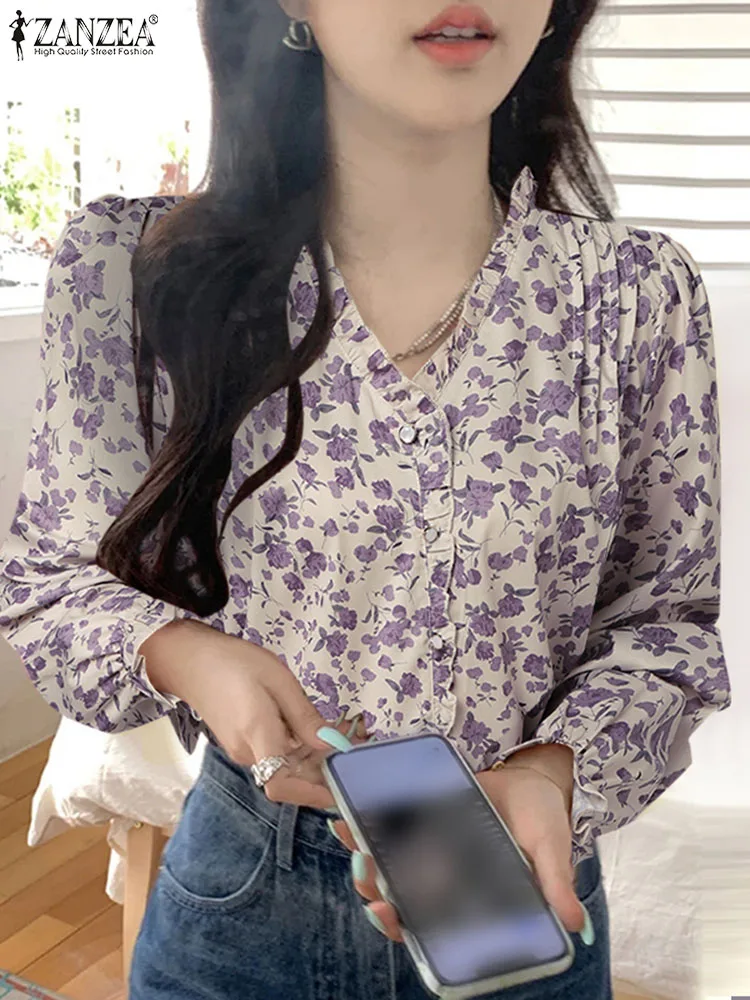 ZANZEA Women Floral Print Blouse Elegant Ruffled Puff Long Sleeve Tunic 2024 Summer V Neck Shirt Casual Loose Holiday Pleat Tops