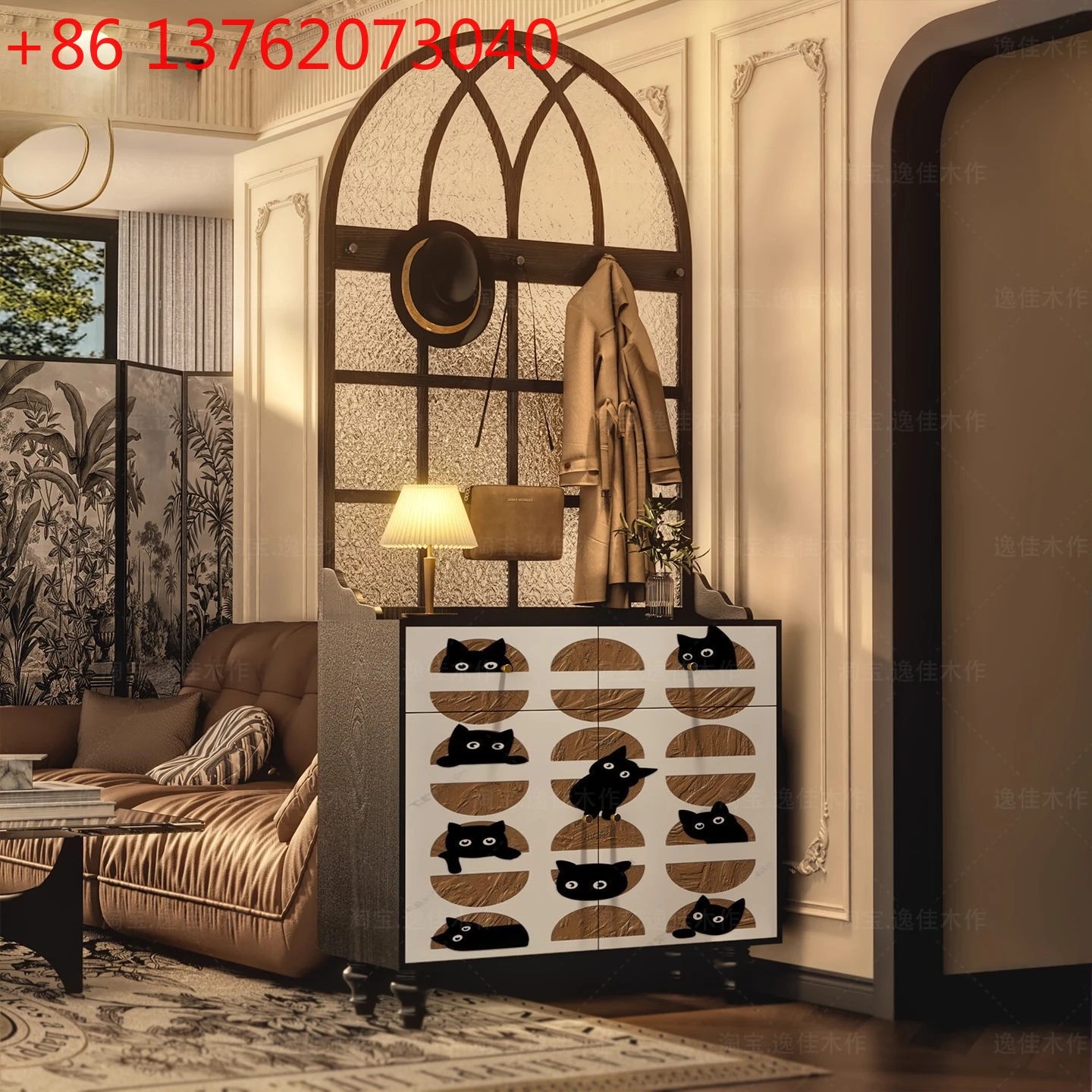 Modern light luxury cream style black cat decoration entrance cabinet entrance living room screen