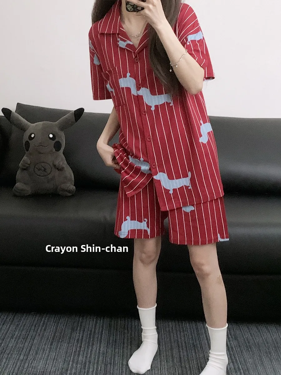 

Cute Red Striped Dachund Couple Pajamas Cotton ort Sve Wedding Celebration Men's Home Clothes Women's Summer Spwear