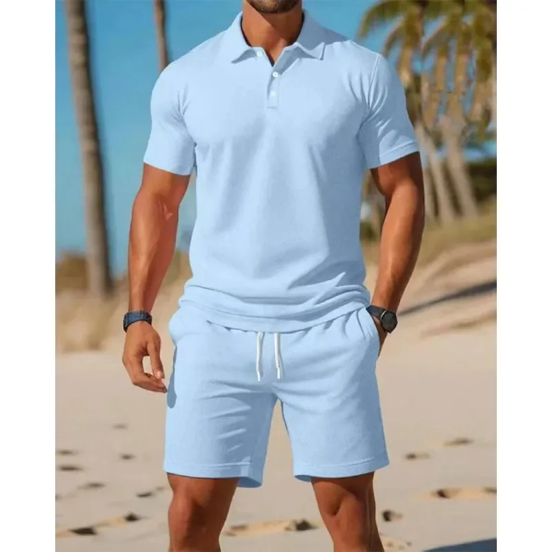 

Summer Casual Versatile Fashion Short-Sleeved Button-Down Polo Shirt And Breathable Mesh Shorts Set for Men Plus Size