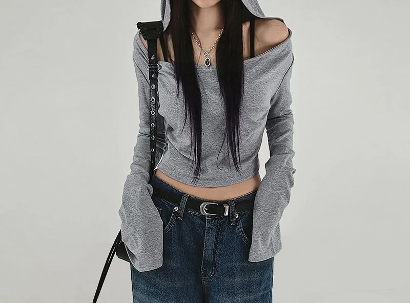 

Basic Gray Wasteland Hooded Long-sleeved Top with High Waist and Skinny Babes Cold Casual T-shirt