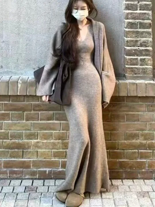 Korean Style V-Neck Knitted Wrap Dress Women's Pure Desire Slimming Inner Wear Fish Tail Dress Casual Style Polyester Fiber