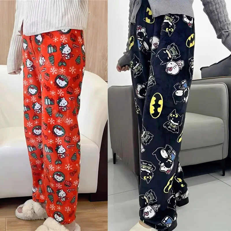 Olá kitty batman pijama novo sanrio y2k outono calças dos desenhos animados hip hop senhoras quente casual flanela bonito calças estilo de pelúcia roupas