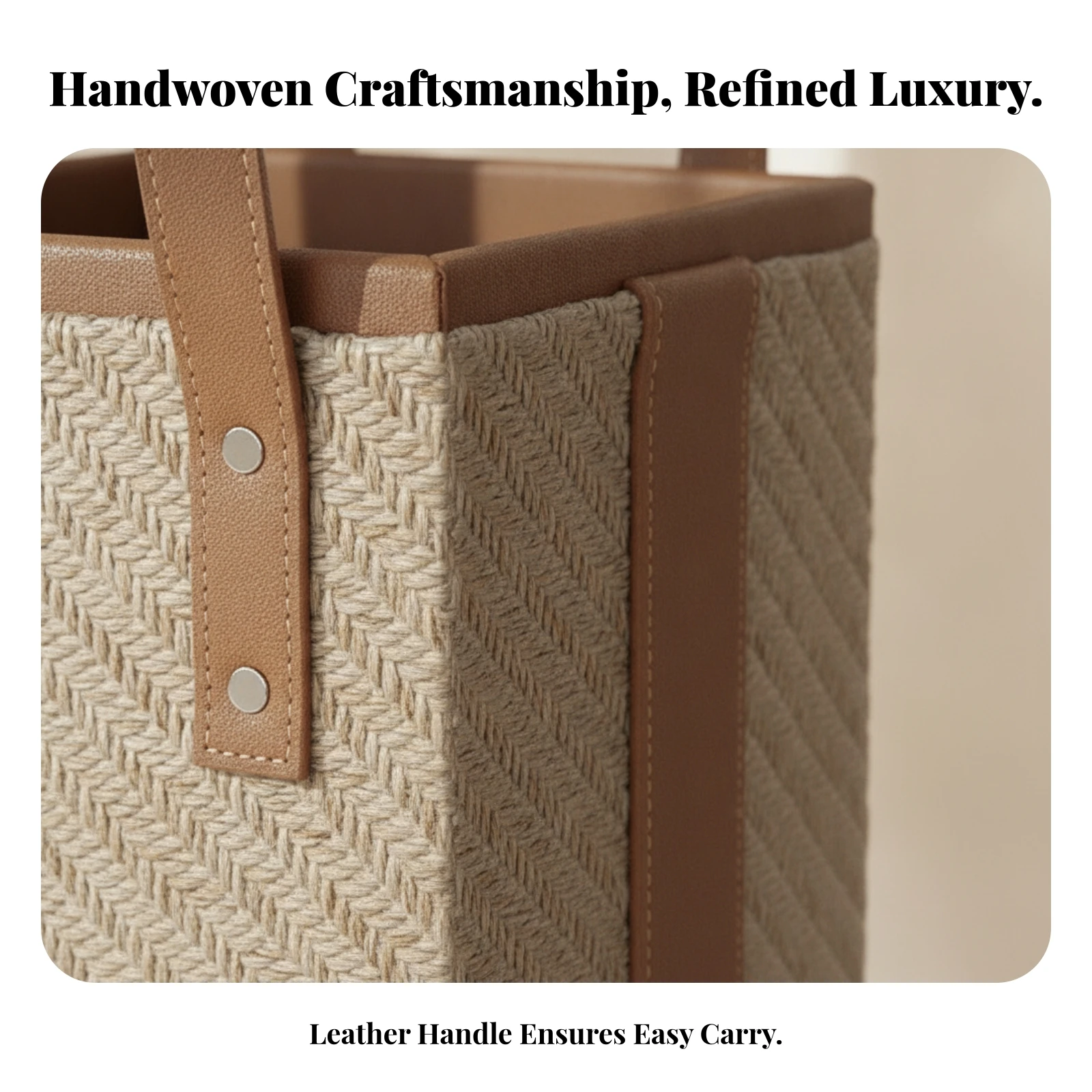 Woven Storage Basket Brown Trim Woven Basket with Handles Metal Rivets Open Top