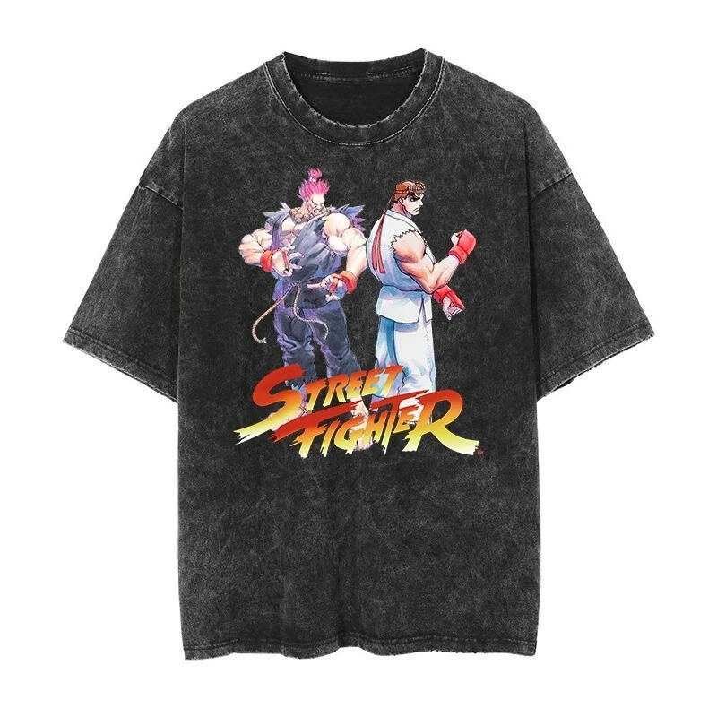 2026 Neues Heißes Sommer Vintage Washed T-Shirt Street Fighter Klassisches Spiel Bedruckt Harajuku Hip Hop Oversized Herren Damen Tees Tops