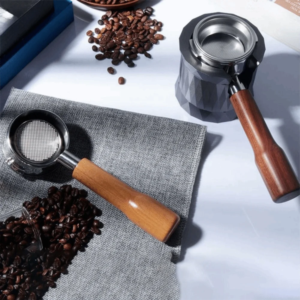 51mm Bodenloser Kaffee-Siebträger mit Holzgriff, 3-Ohren-Espresso-Filtergriff, Universelle Ersatzteile für Espressomaschinen, Café