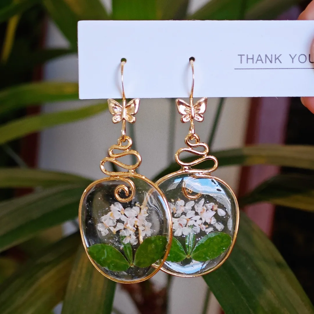 

3210, оптовая продажа, обернутые проволокой, винтажные серьги с образцом растений, серьги с сушеными цветами, нишевые художественные модные универсальные серьги, Рождественский подарок