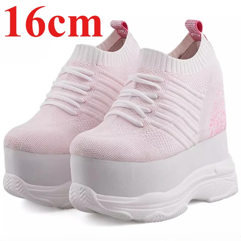

Женские кроссовки на танкетке с увеличением роста на 16 см, мягкой подошвой, из эластичной трикотажной ткани, на толстой подошве, для повседневной носки