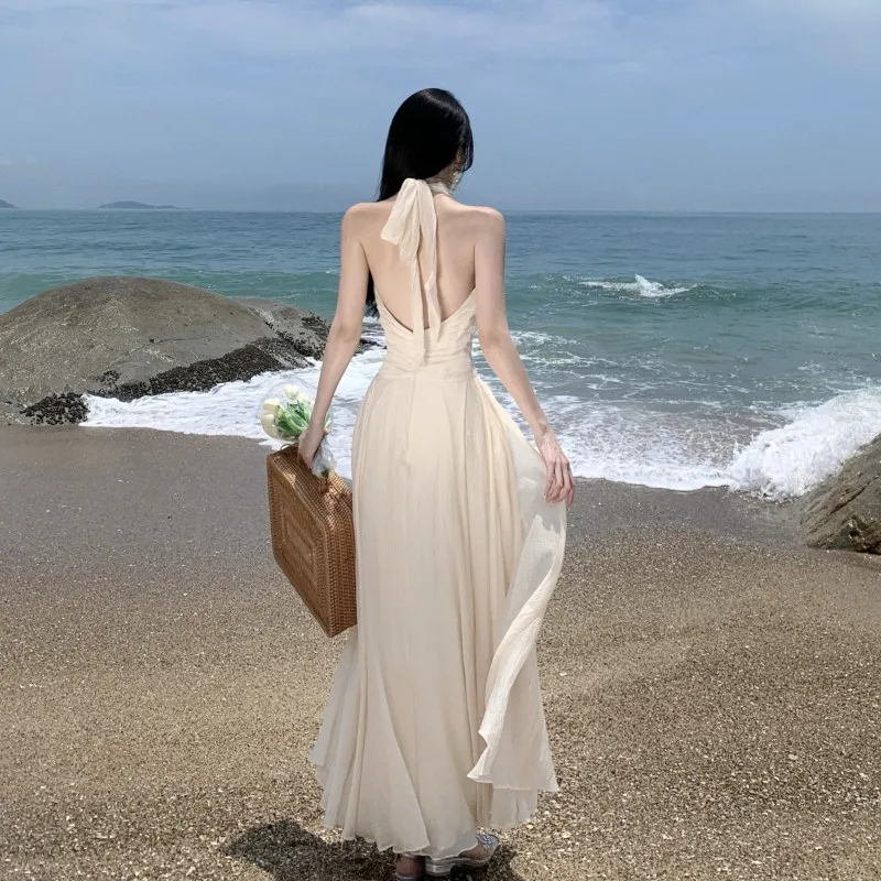 Summer New Fashion Apricot Long Holiday Dress for Women Halter V Neck Sexy Backless Empire A Line Dress Beach Photo Fairy Dress