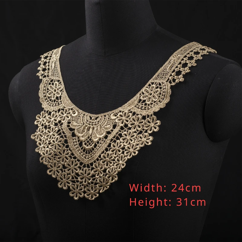 3D Gold Polyester Embroidery DIY Flower Lace Collar, Fabric Sewing Applique, Ribbon Trim, Neckline Guipure Cloth, Wedding Decor