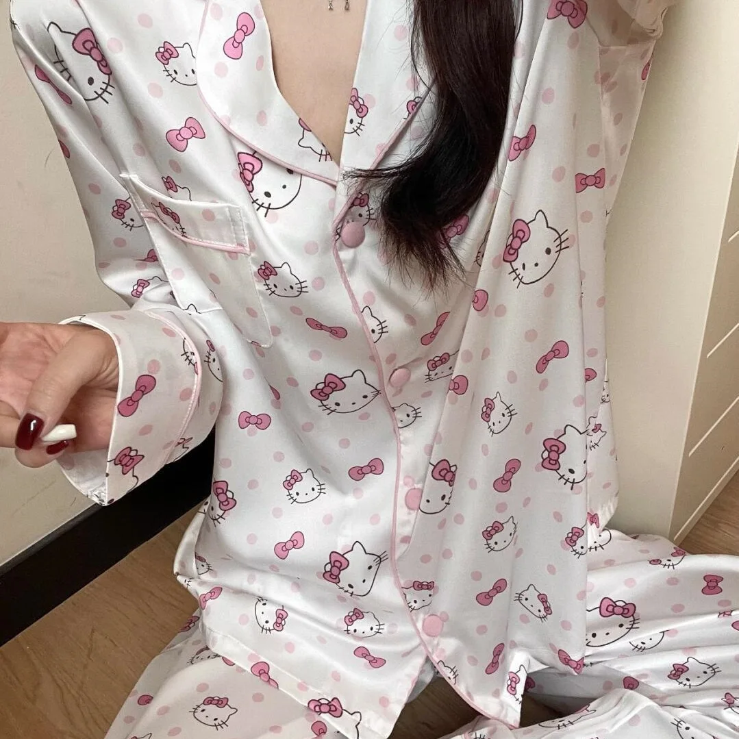 الوردي مرحبا كيتي منامة مجموعة فتاة طويلة الأكمام ملابس المنزل النساء الكرتون ملابس خاصة أزياء الخريف ملابس نوم مريحة ﻿