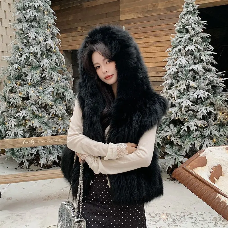 Thickened Vest Double-sided Fluffy Big White Bear Imported Fox Hair Fashion Thickened Big Hat Vest Exquisite Simple Personality