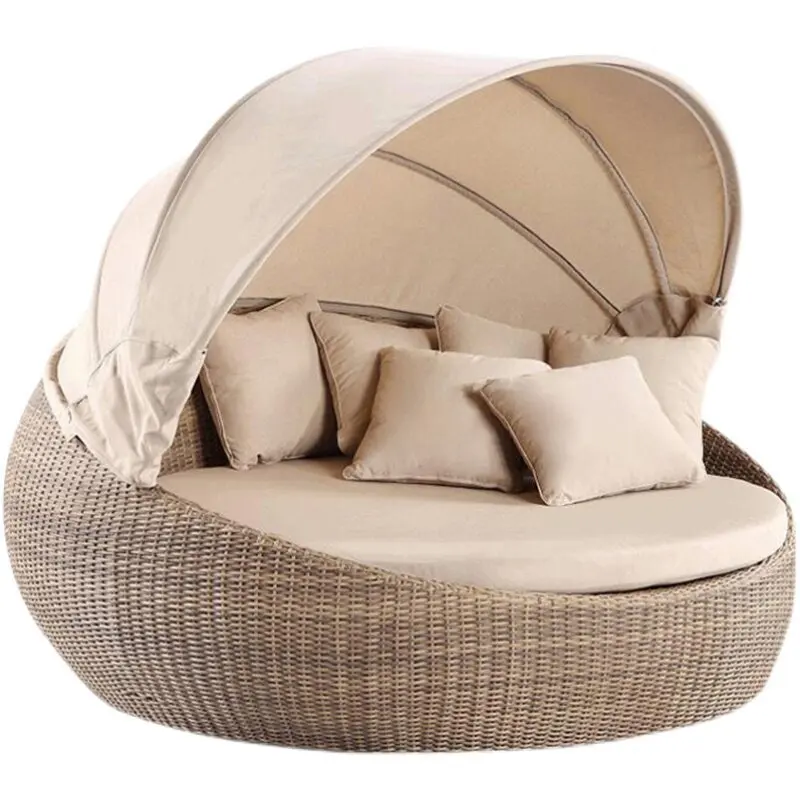 

Creative outdoor round rattan recliner double sofa bed with tarpaulin