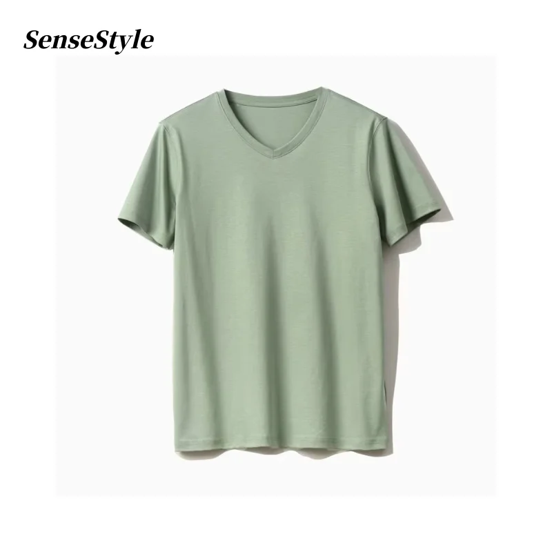 

Summer Men Mulberry Silk Mercerized Cotton T Shirt V-neck Loose Short Sleeve Basic T-shirts 7%Silk