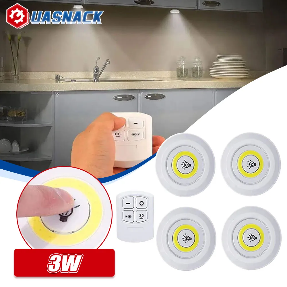 3W Super Bright Cob Under Cabinet Light LED Wireless Remote Control Dimmable Wardrobe Night Lamp Home Bedroom Closet Kitchen