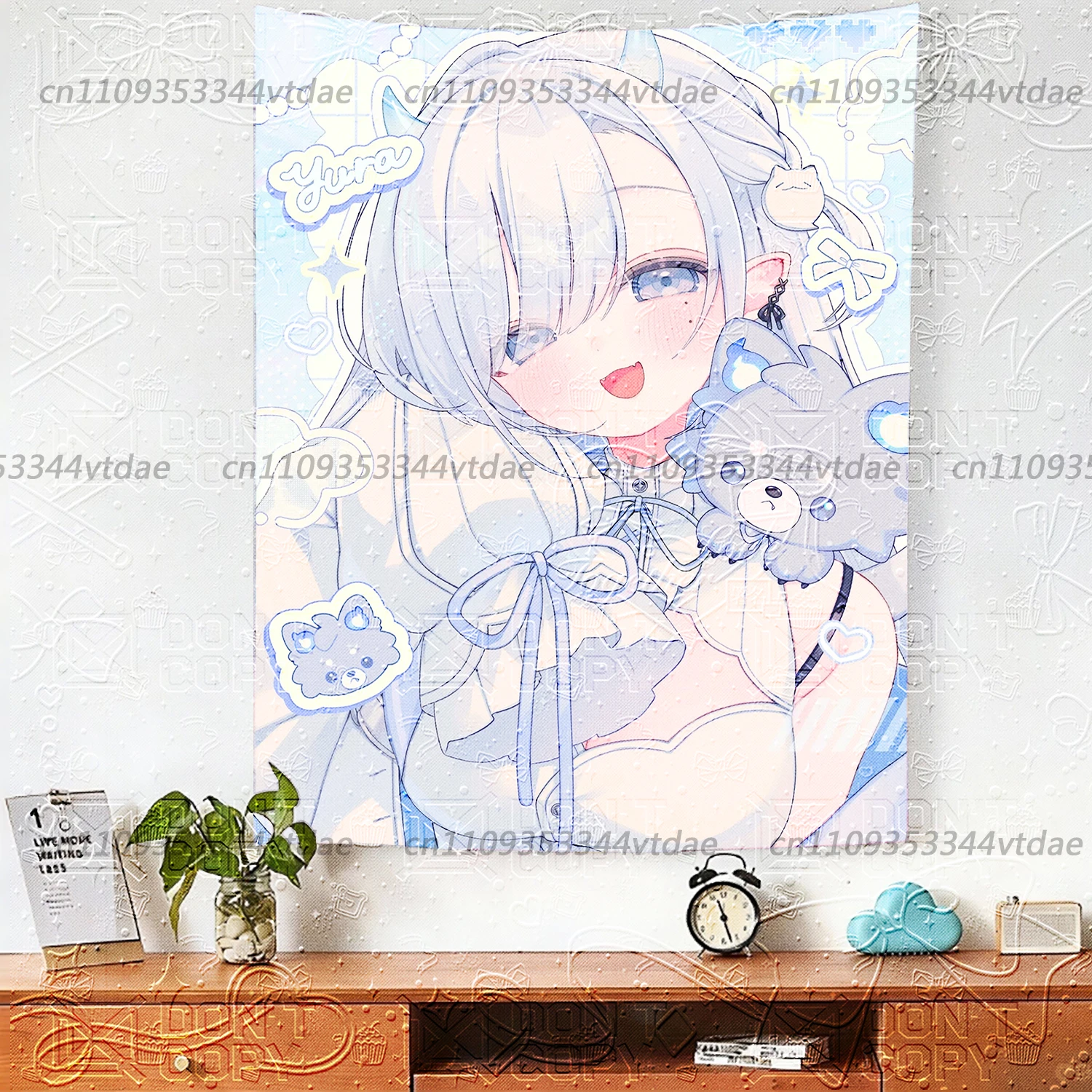 Kawaii Hellblaue Dämonen-Anime-Mädchen-Wandteppich, Grauer Plüschbär-Wandbehang, Pastellfarbener Ästhetischer Hintergrundstoff für Schlafzimmer und Wohnheim