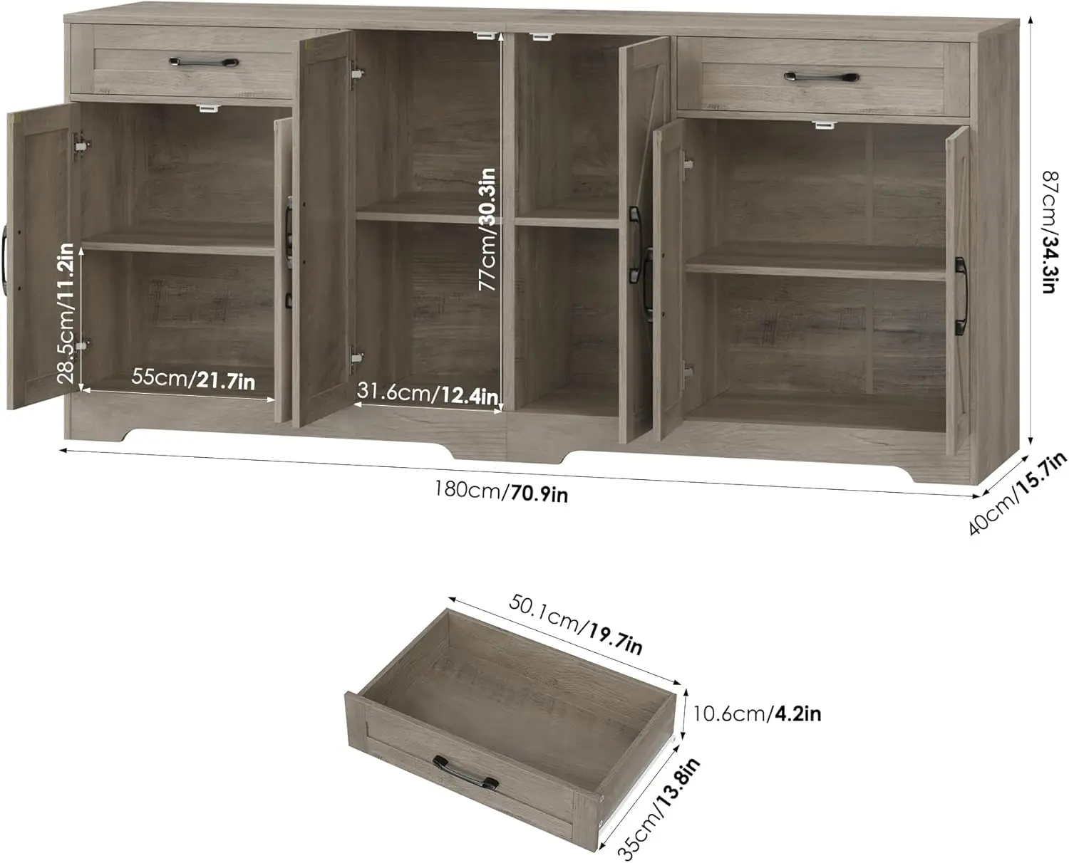 조절 가능한 선반과 6개의 문이 있는 71' 대형 농가형 사이드보드, 애쉬 그레이 주방 뷔페 캐비닛