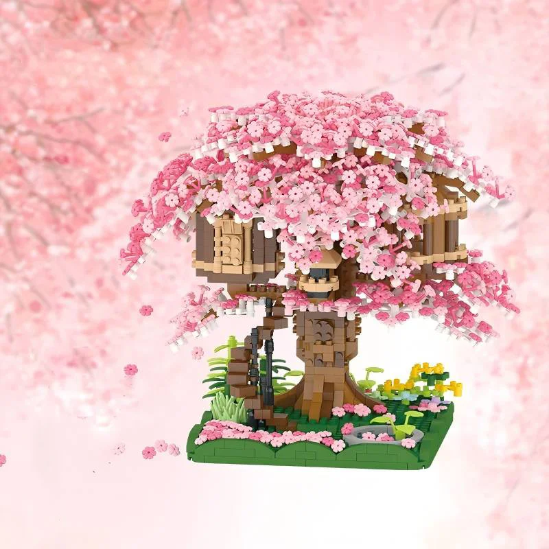 Mini Pink Sakura Tree House City Street View Building Block Set Cherry Blossom Model Toy Children Girl Adult Gifts Valentine Day