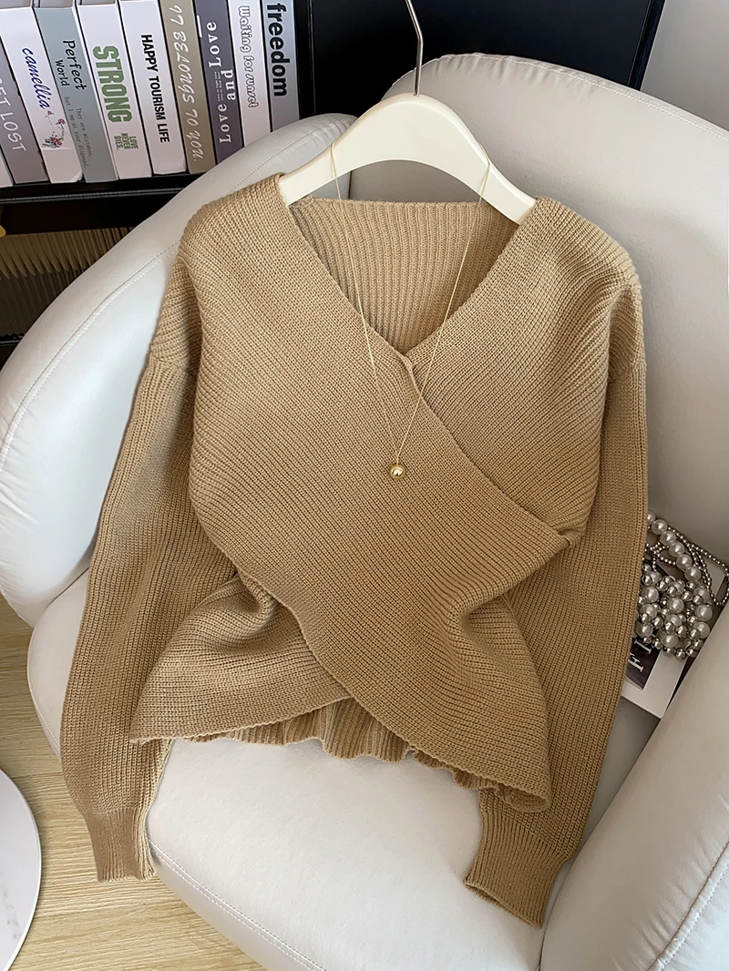 

Свободный женский трикотаж V-Ne Cross Design Pure Desire Sle ort Свитер Топ Осень Зима Новое поступление Удобная ленивая мода...