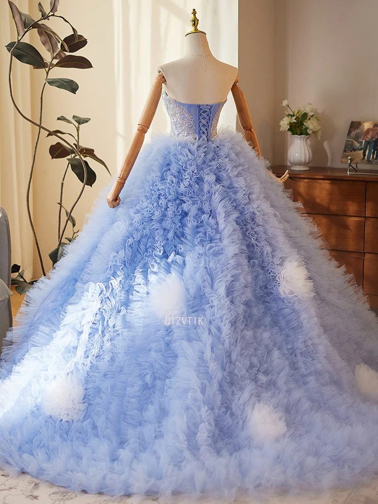 Luxury Strapless Blue Ruffle Ball Gown Elegant Tulle Wedding Photography Dress Customized Party Evening Special Occasions Gown
