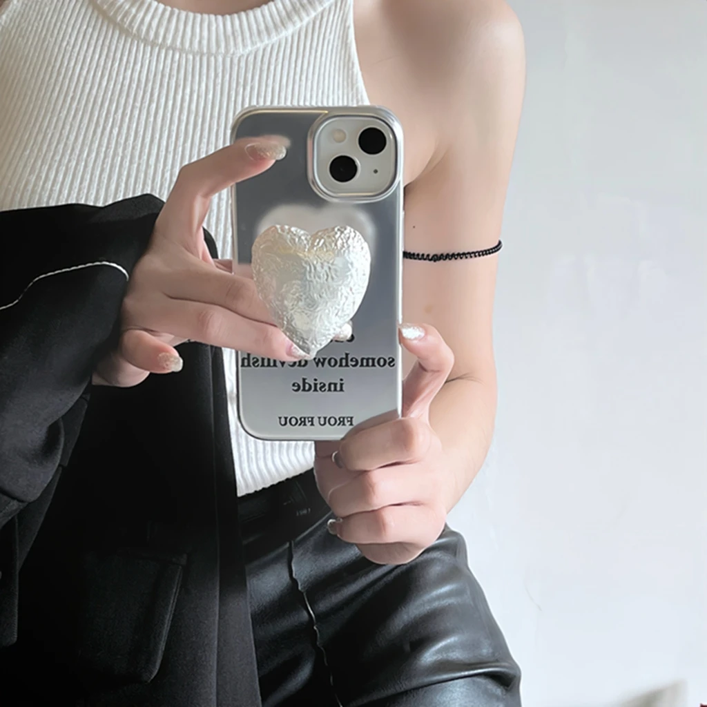 Stylish Plating Silver Black Letters Tin foil Love Heart With Holder Cover Case for iPhone 16 15 14 13 Pro Max Phone Case