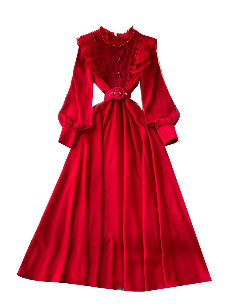 Ele Falda larga de lujo con cinturón de retazos de madera con adornos pesados para mujer, falda francesa Sle de cintura alta de fibra de poliéster