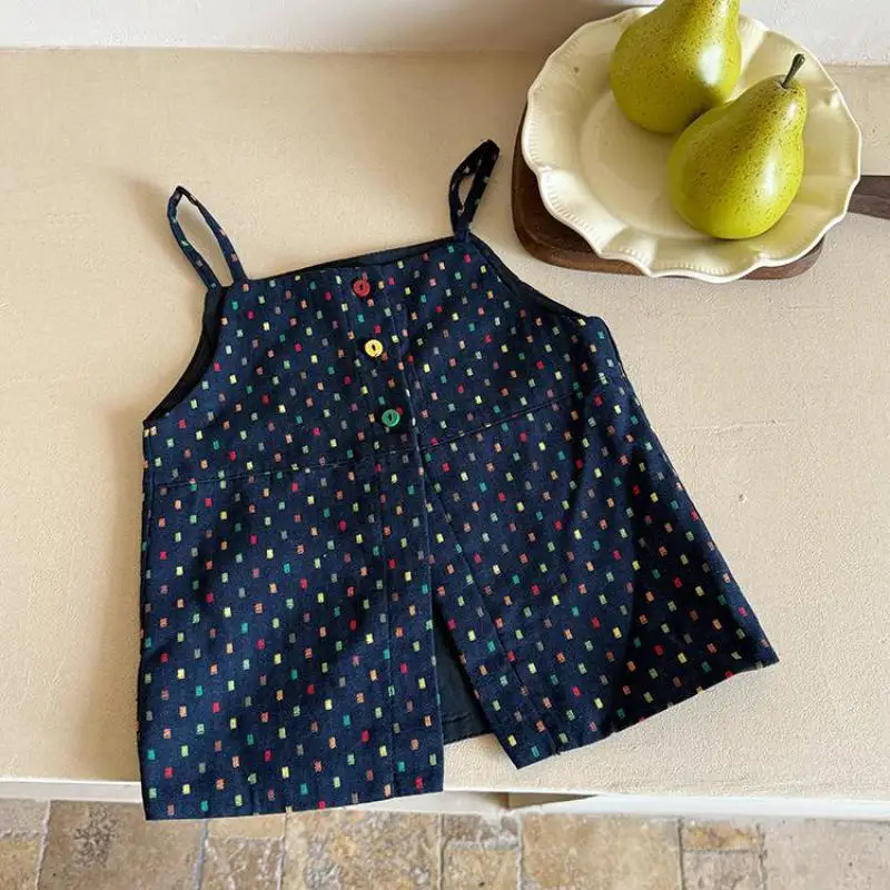 

Осень 2023, новый цветной жилет в горошек для девочек, детские топы без рукавов, хлопковые рубашки на слинге для маленьких девочек, детский модный жилет нестандартной формы