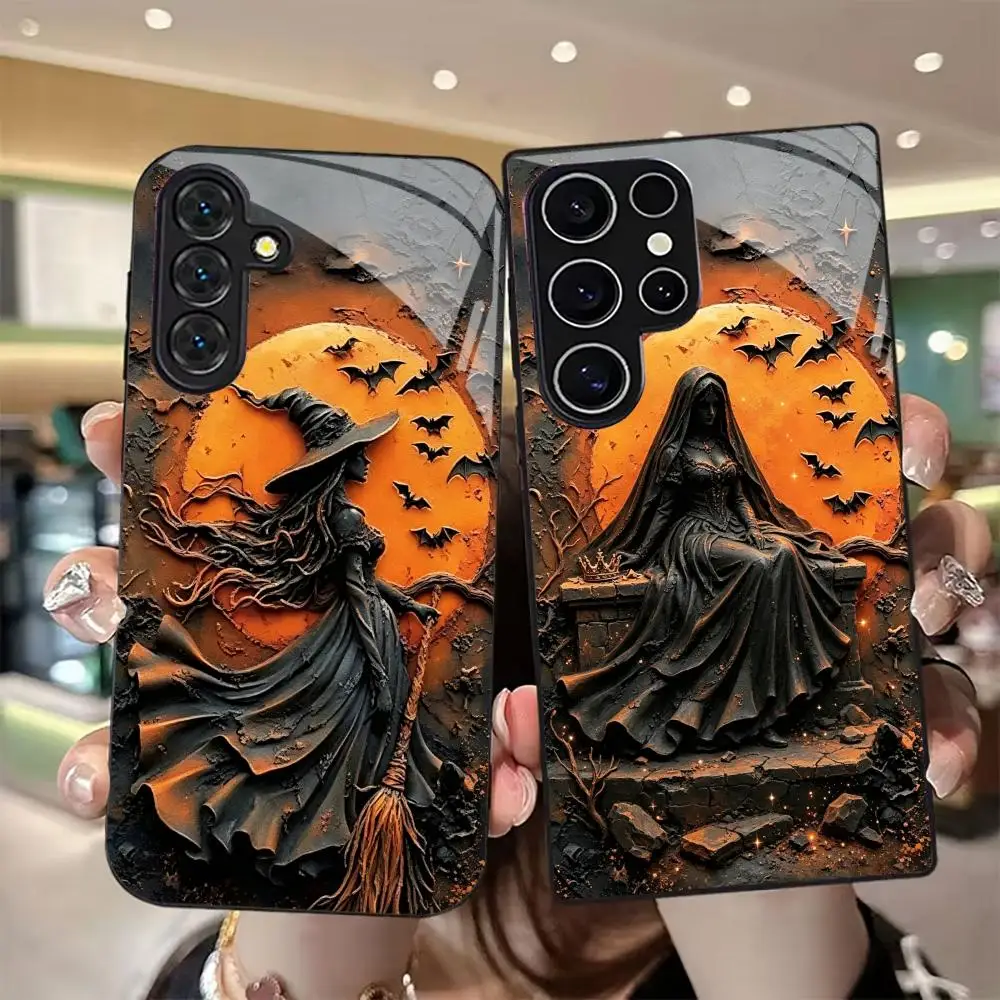Moonlight Witch Pattern Tempered  Glass Phone Case Suitable for Samsung for Galaxy S26 S25 S24 S22 S21 FE Ultra Plus Anti Drop