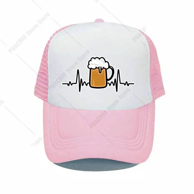 

Beer Heartbeat Printed Snapback Cap Pint And Bottles On Heartbeat Beer Lovers Trucker Hat Drinking Alcohol Party Sun Hats