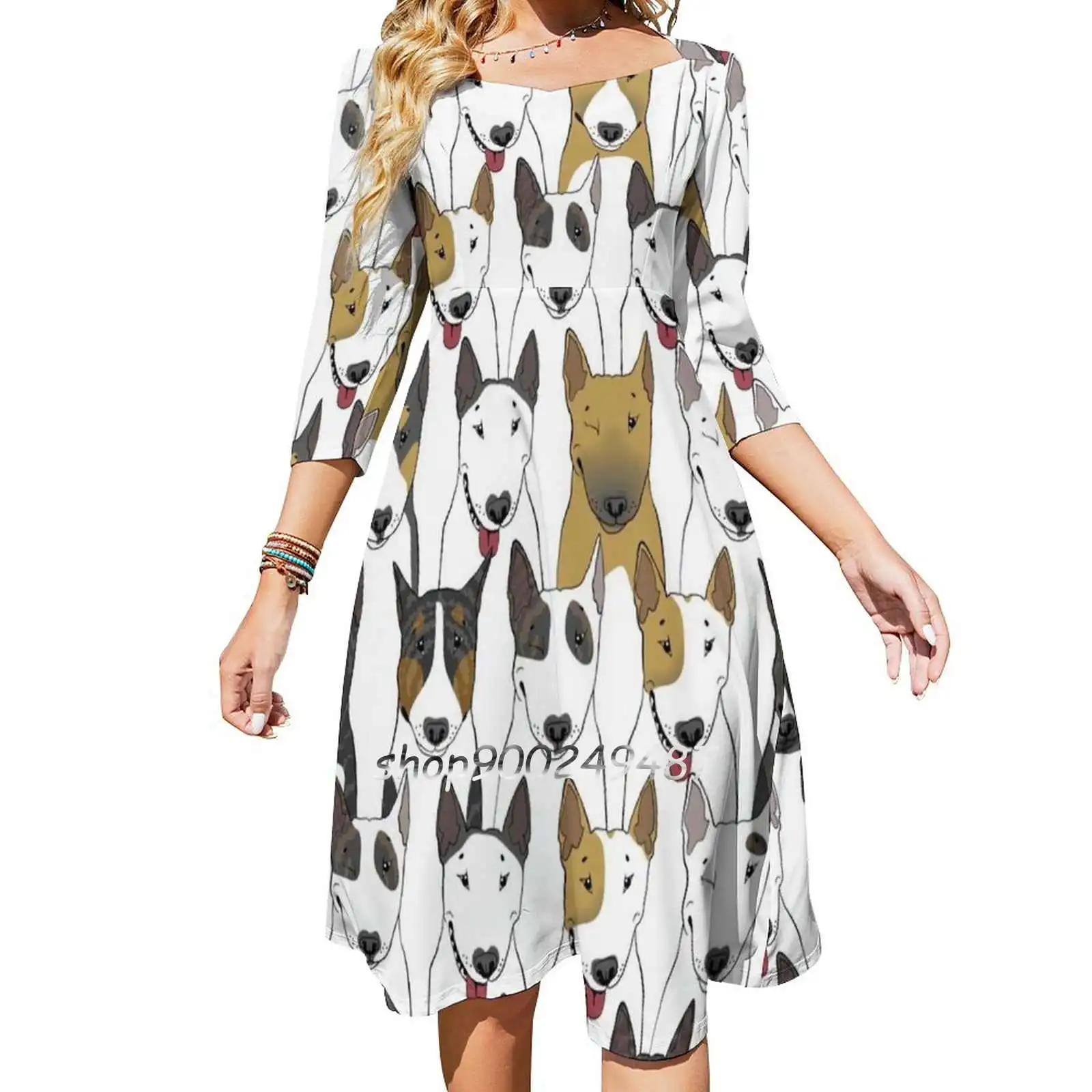 Funny Bull Terriers Pattern Square Neck Dress Sweet Summer Dress Women Elegant Halter Print Dress Bull Terrier Pattern Seamless