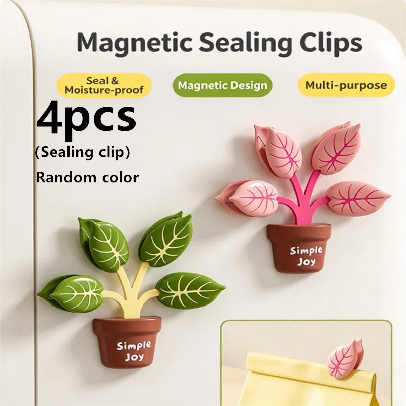 4pcs random potted plant magnetic sealing clips, fridge magnet, snack bag moisture proof clips