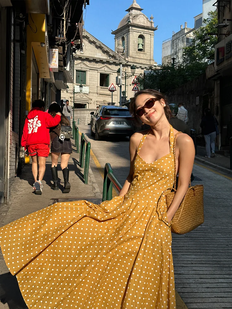 

July Ersal Original Vintage Polka Dot Strap Long Dress Slimming Holiday Style Dress Cotton Umbrella Skirt No Sleeve Bodycon