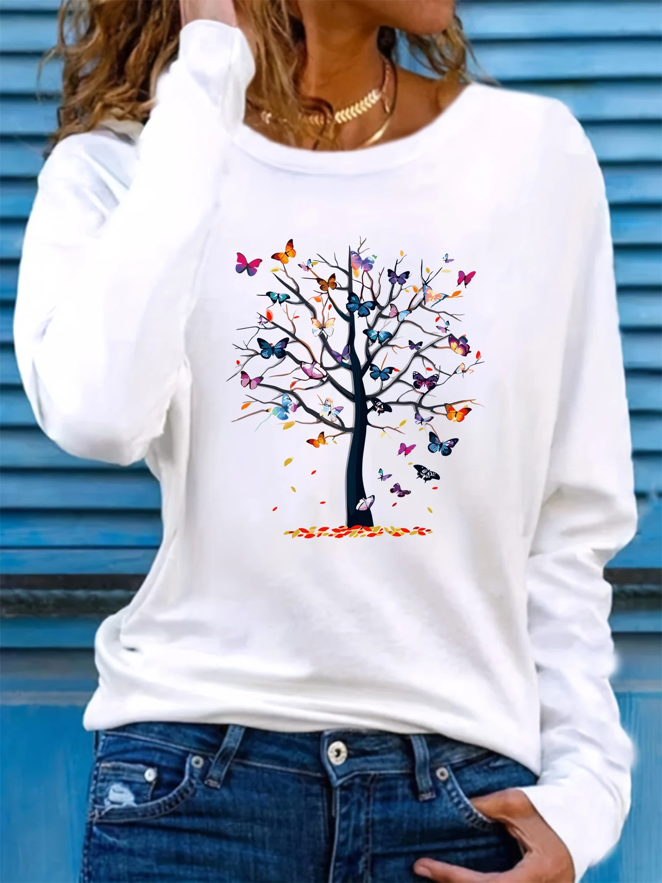 100% pure cotton women's spring and autumn loose casual butterfly and tree graphic printed long sleeved round neck T-shirt