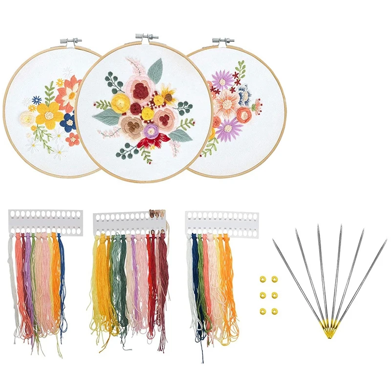 Embroidery Starter Set 3 Pieces, Suitable For Beginnerscross Stitch Set Includes Clothes With Floral Patterns