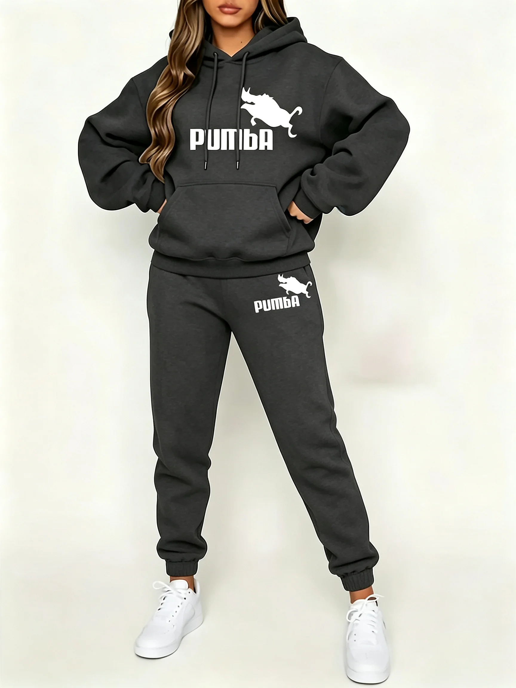 Women's autumn and winter hip-hop street casual letter pattern printed round neck sports shirt+sports pants set warm clothing view 5