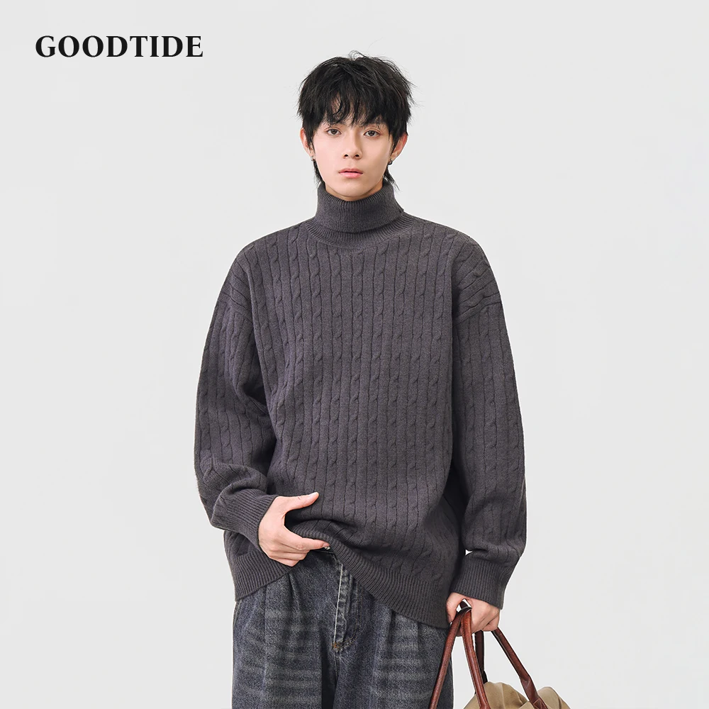 Fashion Men's Casual Turtleneck Sweater 2025 Winter New Cable Knit Pullover Comfortable Soft Long Sleeve Jumper Top