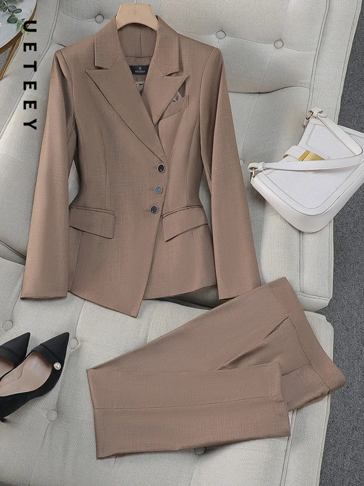 UETEEY офисный серый модный элегантный женский комплект брюк, однобортный комплект на молнии, повседневная рубашка с рукавами, деловая рабочая одежда, комплект из 2 предметов