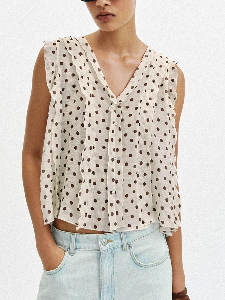 

New Summer Women's Shirt Simple Sleeveless V-neck Layered Polka Dot Print 18-25 Years Old 2026 Season Fashion Trend