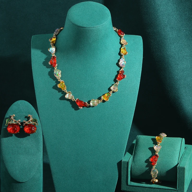 

Vintage Jewelry Set For Woman High Quality Shaped Colorful Glass Clouds Natural Stone Cherry Earrings Necklace Bracelet 2025