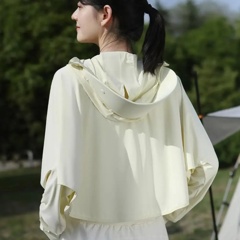 

Solid Color Sunscreen Hoodie Large Brim Hat Thin Sun Protection Clothing UV Protection Long Sleeve Ice Silk Short Jacket Ladies