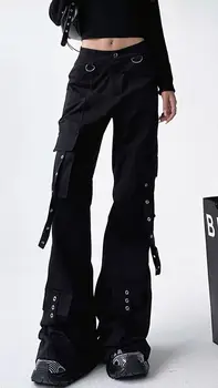 Black Gothic Cargo Flare Pants Women Vintage Harajuku Y2k 90s Retro High Waist Wide Leg Trousers Streetwear 2000s Pantalones