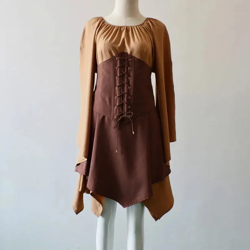 Renaissance Vintage Palace Victoria Medieval Costume Women Halloween Cosplay Full Sleeve Waist Bandage Ptachwork Dress Party