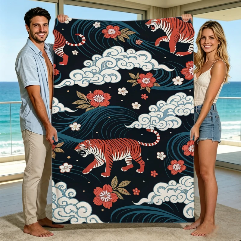 Deep Blue Red Tiger White Wave Floral Oriental Flannel Blanket For Bold Bedroom Decor Soft Warm Throw Blanket Gift
