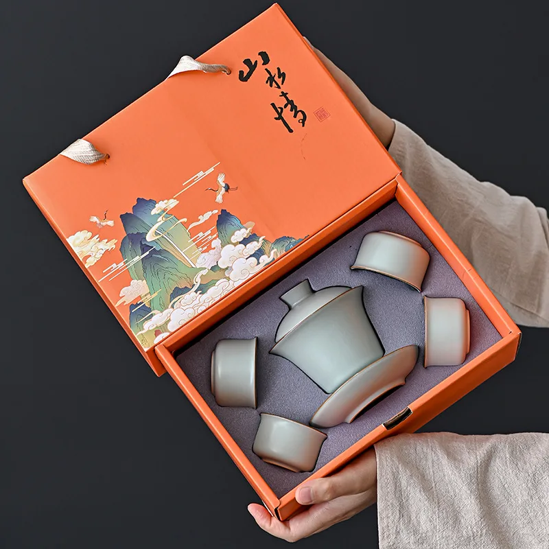 

Ceramic Ru Kiln Gaiwan Landscape Kung Fu Tea One Pot Four Cups Small Gift Box Set for Company Events and Gifts