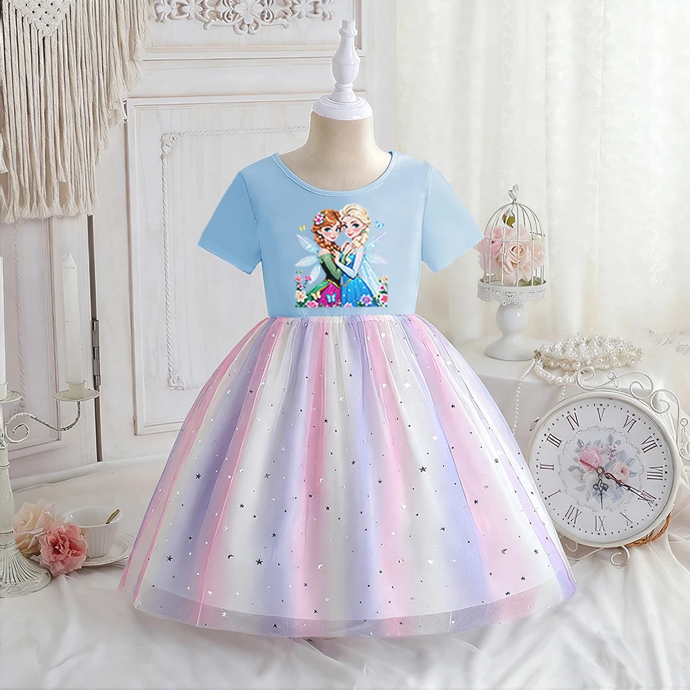 

Kids Dress Summer New Elsa Princess Dress Baby Girls Dress Children Short-sleeved Frozen Formal Dress Rainbow Birthday Party