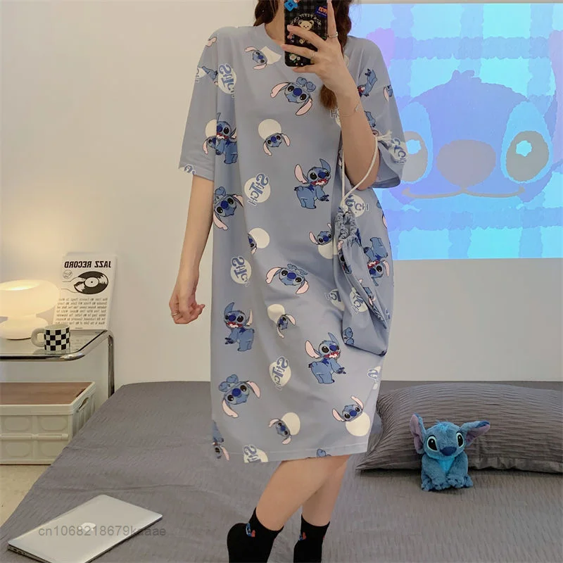 Disney Cartoon Stitch Summer Home Clothes Women Short Sleeve T-shirt Dress One Piece Y2k Sleepwear Cute Pajamas Female Clothing