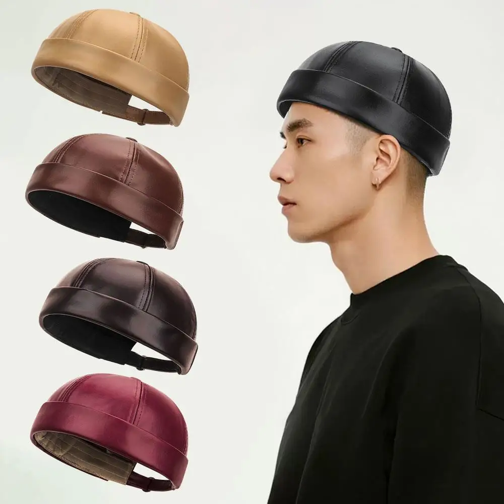 

PU Leather Landlord Cap Adjustable Melon Skin Cap Solid Color Docker Cap Couple Tang Hat Painter Cap Fleece-lined Brimless Hat